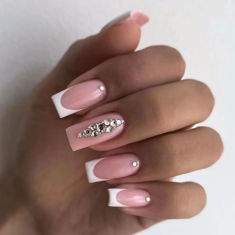 Uñas postizas largas cuadradas, 24 Uds., con pegamento, diseño de diamantes de imitación francés, uñas postizas, prensa acrílica usable, Ful_voghion.com