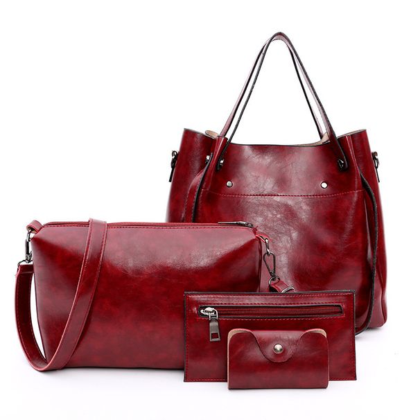 Damen Taschen Neue Mode Mutter und Kind Tasche Vierteiliges Set Retro Öl Leder Schulter Handtasche Große Kapazität Eimer_voghion.com