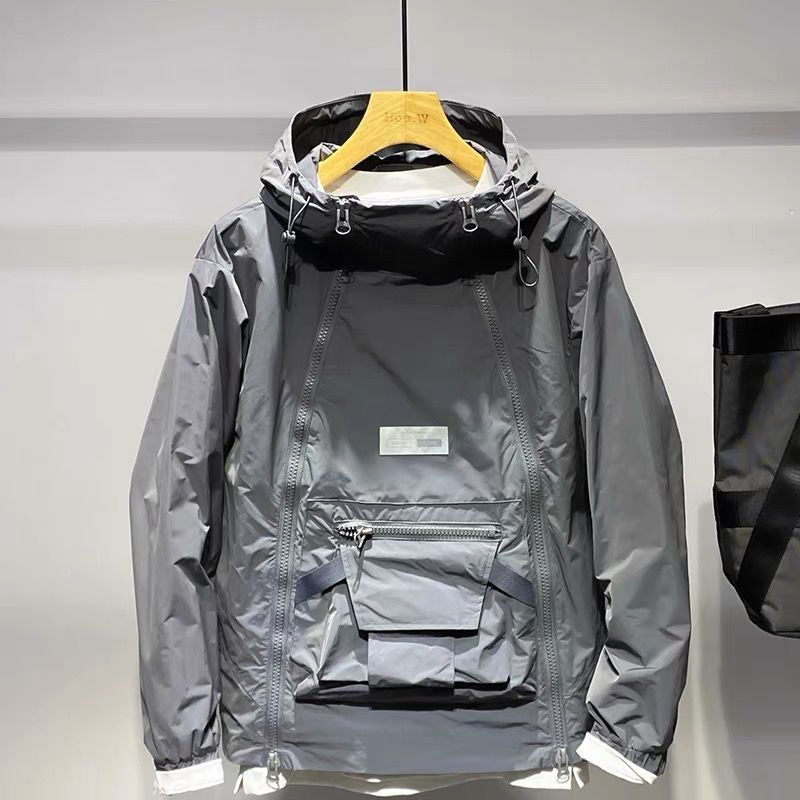 New  Spring Autumn Men's Jacket Fashion Double Zip Hooded Outdoor Jacket Black Coat Pocket Sportswear_voghion.com