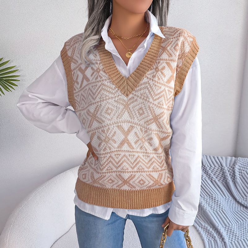 Vêtements pour femmes Tir réel automne et hiver Motif de flocon de neige de Noël Col en V Gilet tricoté Pull Station indépendante Vêtements pour femmes_voghion.com