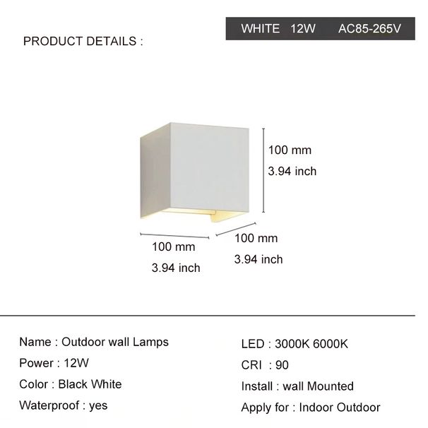 Αδιάβροχα φωτιστικά εξωτερικού χώρου 12W Ρυθμιζόμενη γωνία φωτός Φώτα τοίχου Απλίκα για βεράντα κήπου Βεράντα Μπαλκόνι Φωτιστικό τοίχου_voghion.com