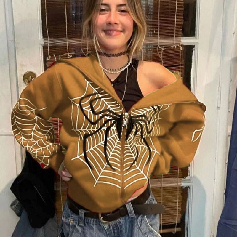 2023 Spider Web Zipper Sweater Women's Casual Fashion Hoodie Spring And Autumn Fleece American Coat_voghion.com