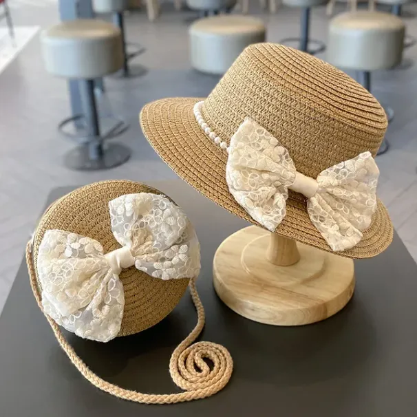 Modna 2 kosa/set za deklice, poletna ročno tkana kapa in torba čez ramo, otroška princeska, pentlja, slamnata kapa za na plažo in sončenje_voghion.com