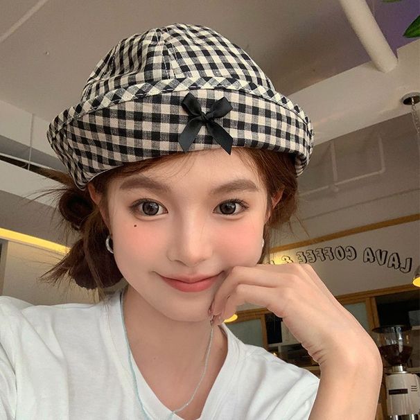 Süße Klappe Schleife Plaid Fisherman, Casual Damen Frühling und Sommer Dünne Modelle Vielseitig,_voghion.com