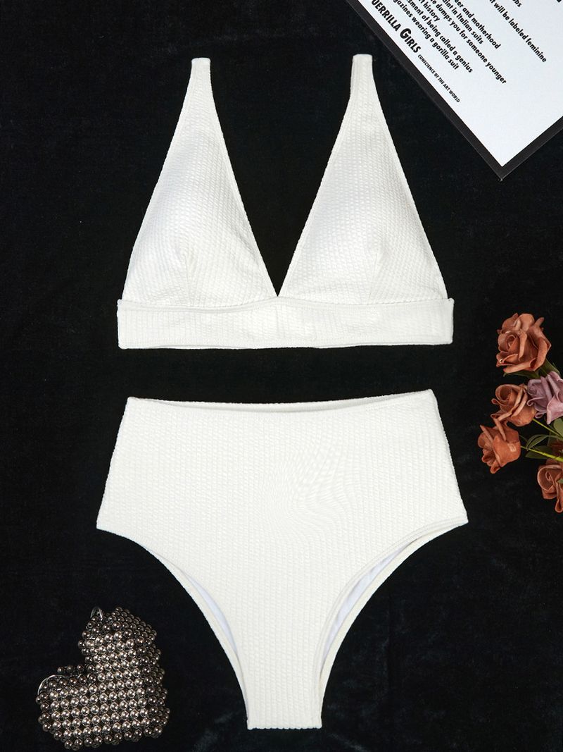 2025 neue Feste Farbe Hohe Taille Gerippt Sexy Badeanzug Bademode Bikini_voghion.com