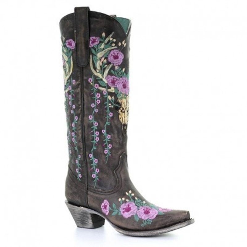 Neue bestickte Westernstiefel für Damen in Übergröße mit klobigem Absatz und farblich passenden Stiefeln in Übergröße_voghion.com
