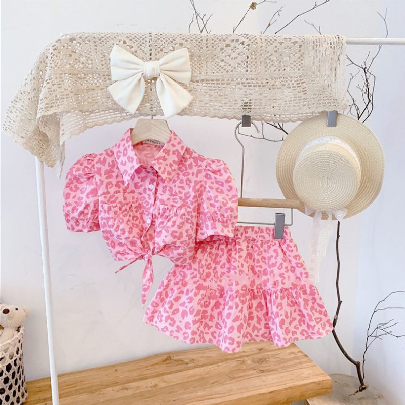 Vêtements pour enfants 2025 printemps et été nouvelle fille rose imprimé léopard taille haute haut et jupe ensemble_voghion.com