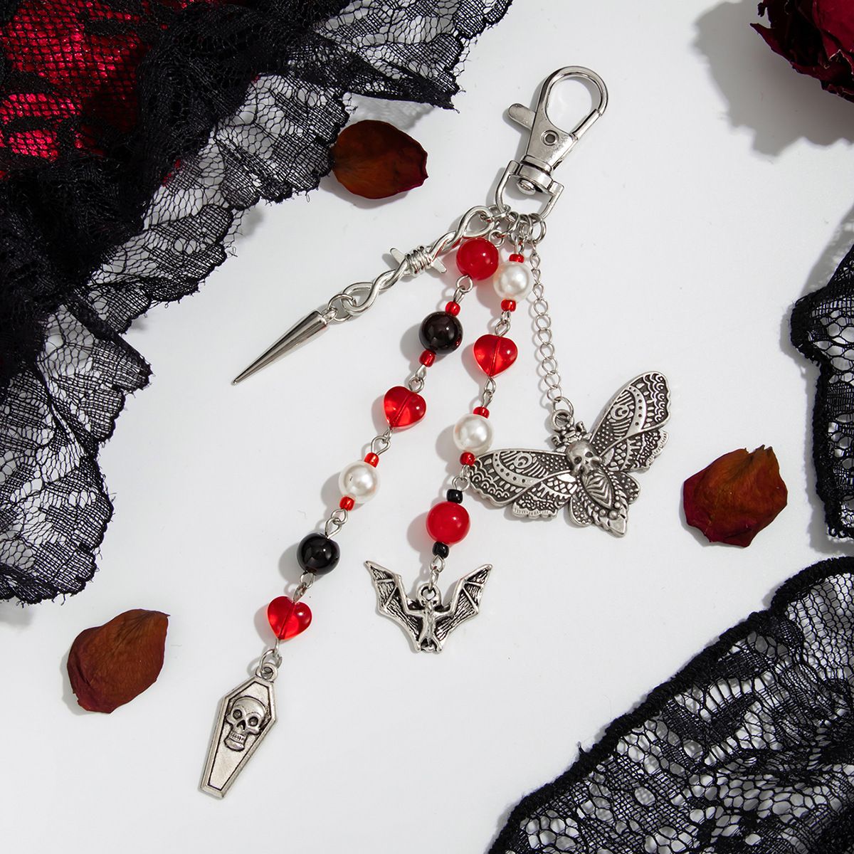 Gioielli di Halloween Gioielli in maschera Gioielli terrificanti Accessori Portachiavi con rivetto a forma di teschio e pipistrello con cuore gotico e ciondolo con nappa di cristallo_voghion.com