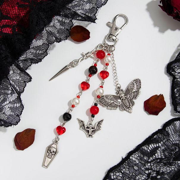 Gioielli di Halloween Gioielli in maschera Gioielli terrificanti Accessori Portachiavi con rivetto a forma di teschio e pipistrello con cuore gotico e ciondolo con nappa di cristallo_voghion.com