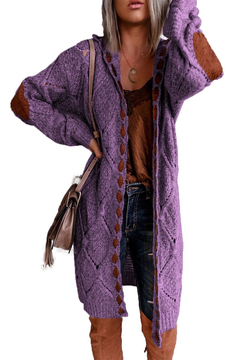 Women's Clothing Hooded Patch Knitted Sweater Long Sleeve Cardigan Sweater Jacket_voghion.com