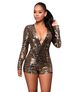 Dammekleeder Pailletten-Zweideeler-Shorts Déif V-Ausschnëtt Récklos Laangärm Reißverschluss Temperament Sexy Jumpsuit_voghion.com
