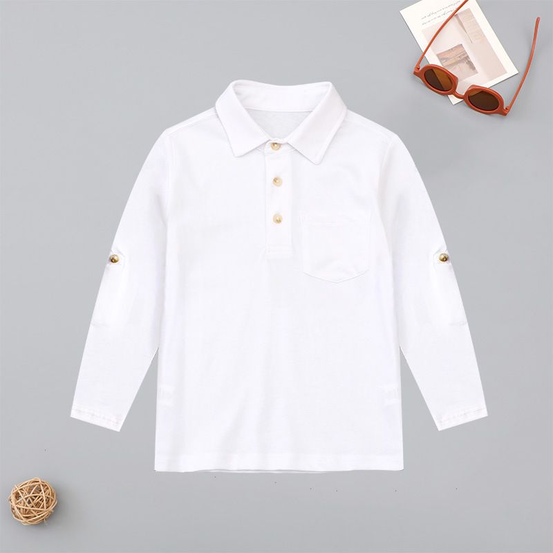 Boys' long-sleeved T-shirt cotton polo shirt girls' middle and big children's white bottoming shirt lapel school uniform class uniform Spring_voghion.com