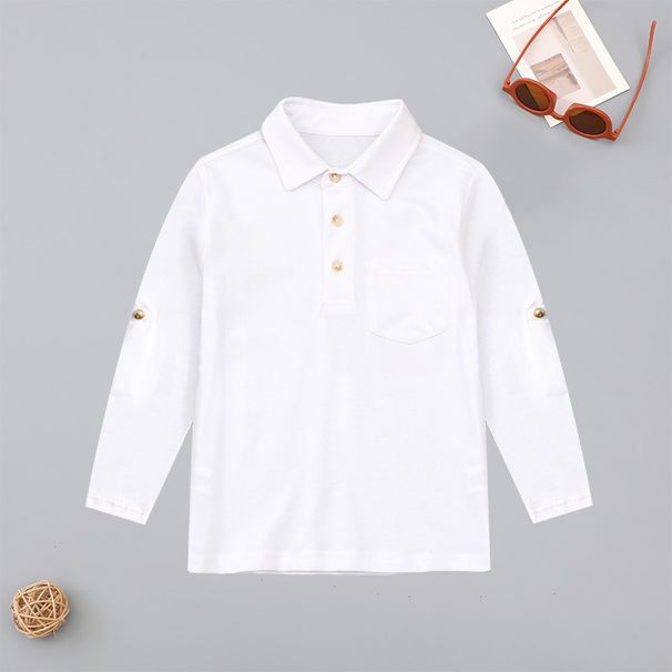 Boys' long-sleeved T-shirt cotton polo shirt girls' middle and big children's white bottoming shirt lapel school uniform class uniform Spring_voghion.com
