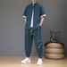 CT Summer New Uomo Cinese Cotone Lino Stile Antico Hanfu Tang Camicia a Maniche Corte Set Due Pezzi_voghion.com