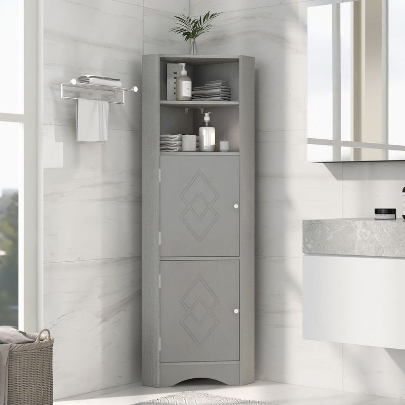 Tall Bathroom Corner Cabinet; Freestanding Storage Cabinet With Doors And Adjustable Shelves; MDF Board_voghion.com