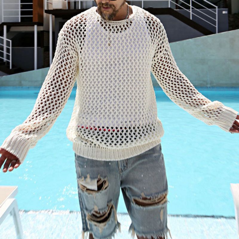 T-shirt à manches longues en tricot léger creux pour hommes Hauts pour hommes_voghion.com