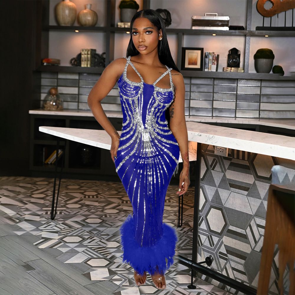 Dameskleding Sequin taille en heup jurk Jaarlijkse vergadering gastheer avondjurk bont rok_voghion.com