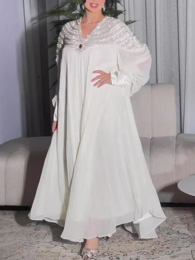 Women's Clothing Muslim Elegant Long Sleeved Hot Diamond Solid Color Luxury Chiffon Evening Dress_voghion.com