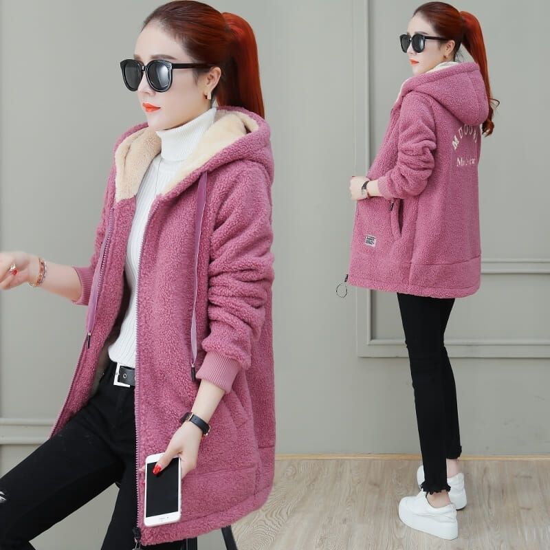 Plush   lamb wool coat for women, mid to long style, 2023 autumn and winter new Korean version loose hooded_voghion.com