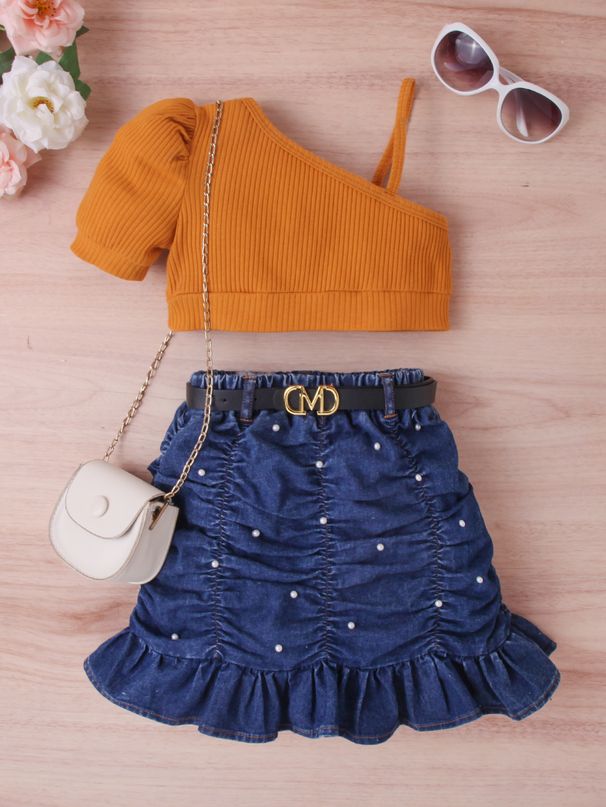 Moeder & Kinderen Kinderkleding Meisjes Effen Kleur Vest Mouwloos Top Denim Open Zak Geplooide Rok Pak Riem_voghion.com