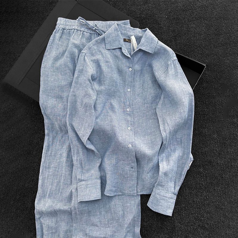 ​​"Elegant Old Money Style Women's Loose Blue Shirt & Wide-Leg Pants Two-Piece Set – Spring Outfit Suit With High-End Temperament"​​_voghion.com