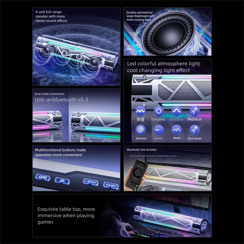 Enceinte Bluetooth pour ordinateur de bureau, audio, jeux, e-sport, éclairage RVB, avec microphone, multimédia, haute qualité sonore_voghion.com