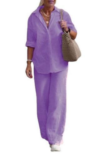 Kvinnors tvådelade uppsättning kvinnors lapel långärmad skjorta avslappnad enfärgad kostym med breda ben_voghion.com