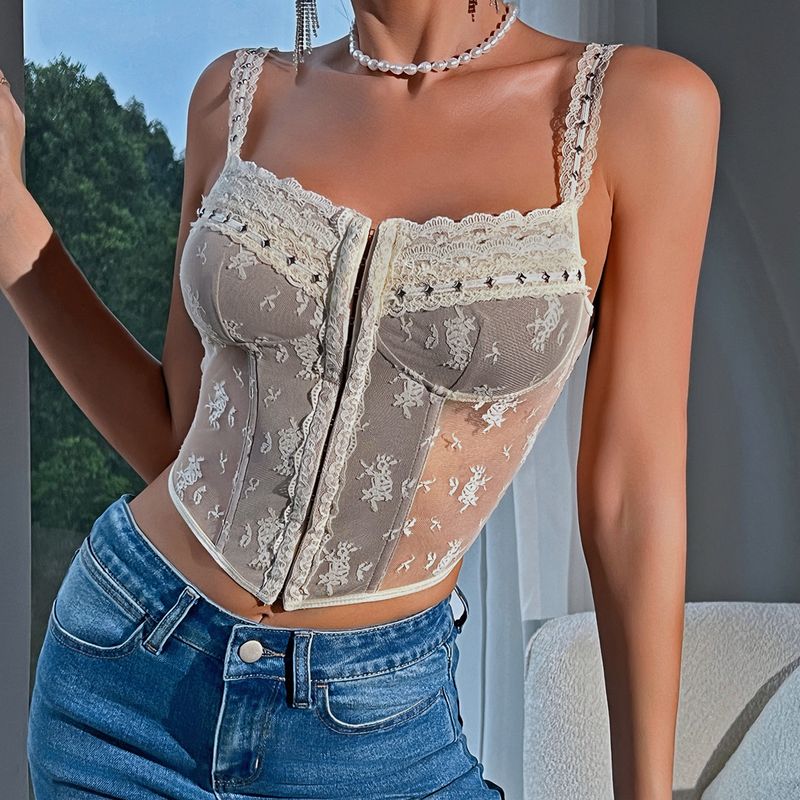 Damenbekleidung Neue französische sexy Hosenträgerspitze Spitze Ins Style Splicing Perspective Kleine Weste_voghion.com