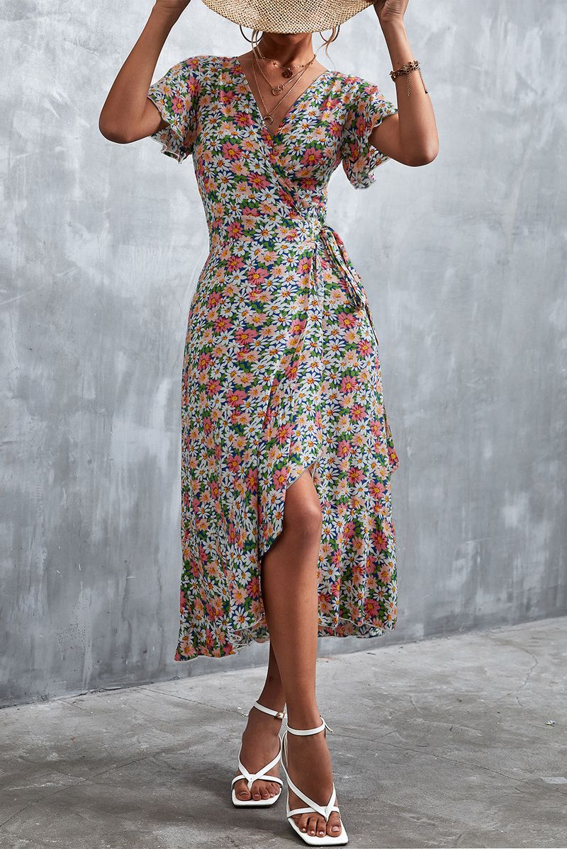 Spring/Summer 2022 New Bohemian Cross V-Neck Lace up Floral Dress_voghion.com