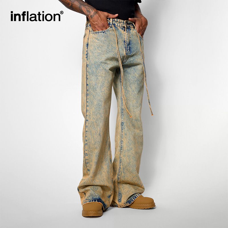 Meeste riided Wasteland Style pestud kulunud teksad laienevad tänavapüksid laiad püksid meeste rõivad_voghion.com