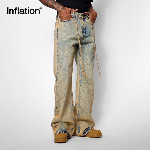 Meeste riided Wasteland Style pestud kulunud teksad laienevad tänavapüksid laiad püksid meeste rõivad_voghion.com