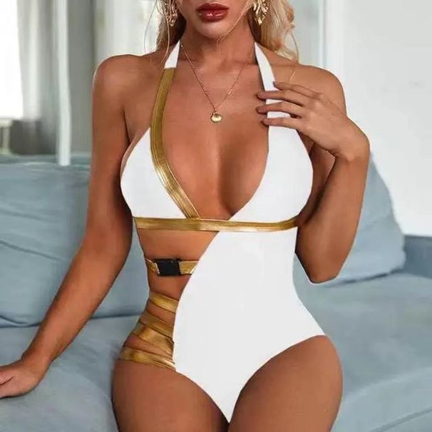 Qilang – maillot de bain pour femmes, couleur unie, feuille d'or, tissu brillant, sac triangulaire, bikini fendu, push up, nouvelle collection 2023_voghion.com
