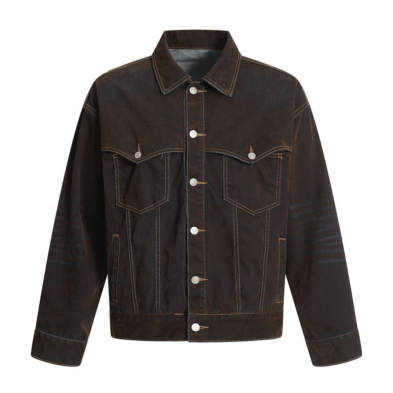 Giacca da lavoro casual larga in denim rosso con orecchie da uomo_voghion.com