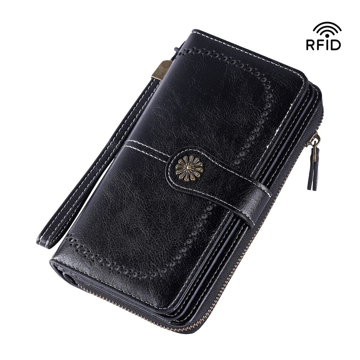 Retro Multi Function Anti Theft Brush Rfid Zipper Snap Button Large Capacity Long Women's Wallet Wallet Handbag_voghion.com