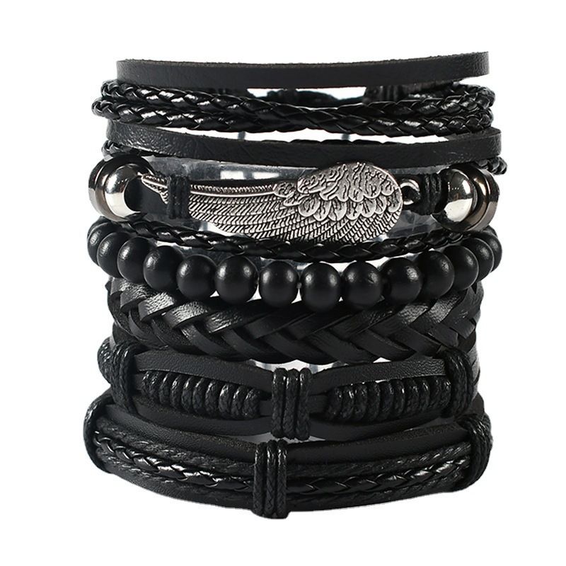 Nuovo set combinato multistrato da uomo con bracciale in pelle e accessori in lega con ali_voghion.com