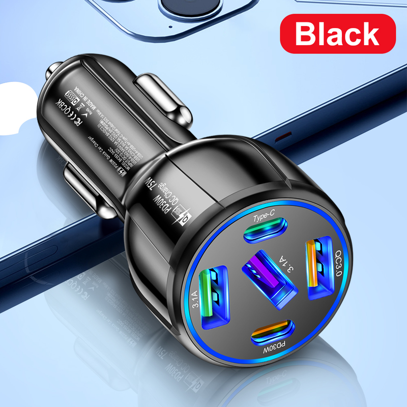 PD 75W 5-port USB car charger fast charging car C-type phone adapter suitable for iPhone 14, 13, 12 Xiaomi, Huawei,_voghion.com