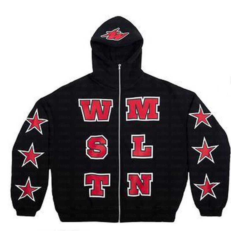 Erkek Giyim Bağımsız istasyon moda trendi marka sokak Gotik tarzı fermuarlı kapüşonlu harf yıldız baskılı erkek ve kadın sweatshirt_voghion.com