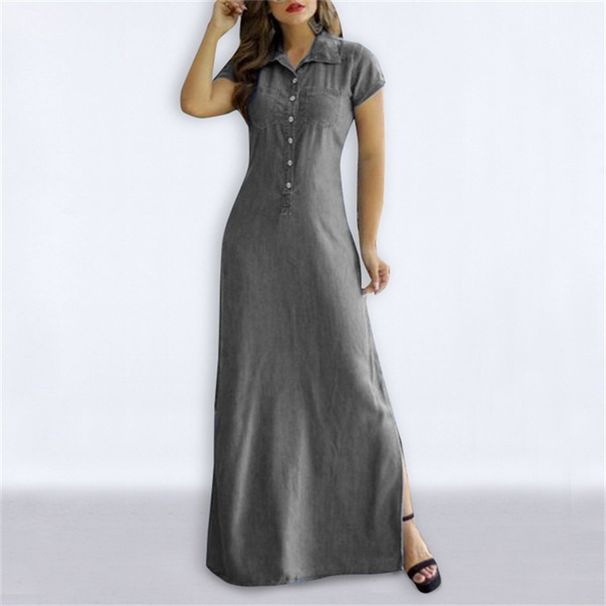 Denim Shirt Dress With Side Slits & Pockets – Oversized Collar A-Line Maxi Dress For Women (S-5XL, Gray/Light Blue/Black/Navy)_voghion.com