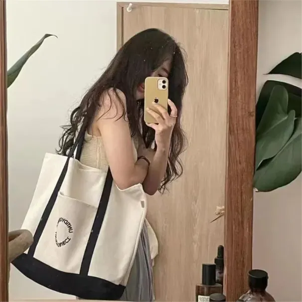 Canvas Bag Large Capacity Explosive Zipper Student Commute Daily With Stylish Tote Shoulder In City Bag Line 240823_voghion.com