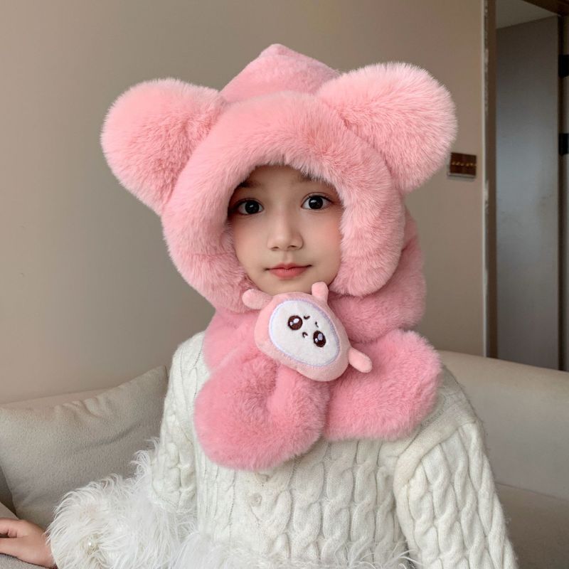 Cute little bear plush hat men s and women s baby hats scarves one piece warm ear protection egg shaped hat_voghion.com