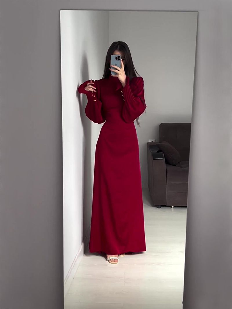 Fraen Fréijoer nei zolidd Faarf laang-sleeved schlank-passend Kleed fir Fraen_voghion.com