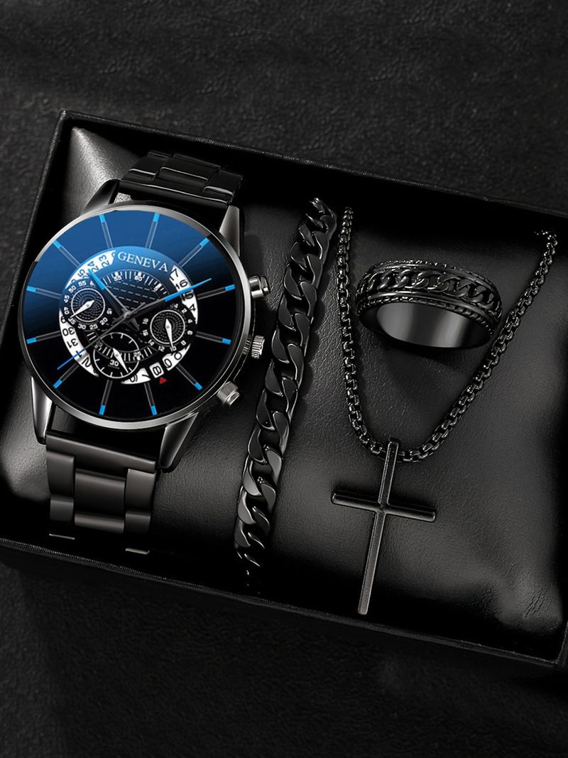 Relógios masculinos Moda masculina Banda de aço Casual Negócios Calendário Relógio de quartzo Anel Cruz Colar Pulseira Conjunto_voghion.com