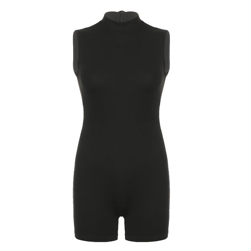 Damenbekleidung, INS, sportliche Mode, Basic, einfarbig, halbhoher Kragen, ärmellos, enger Overall, Großhandel_voghion.com