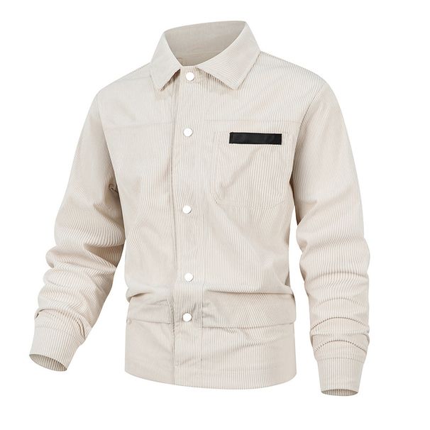 Men’s British-Style Corduroy Jacket – Stand Collar, Polyester Blend, Single-Breasted Casual Coat With Button Accents (Grey/Black/Khaki, XS-XXL)_voghion.com