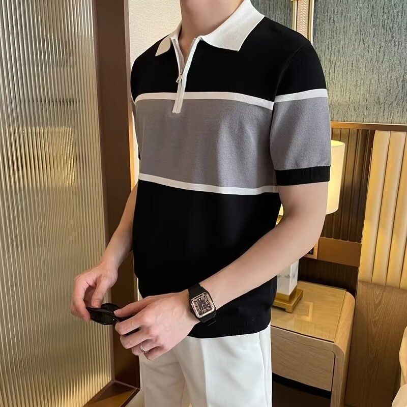 Herrenbekleidung Lässiges Poloshirt mit Kontrastfarbennähten Herren Kurzarm Sommer Neue Version Lose Reißverschluss Revers Halbarm T_voghion.com
