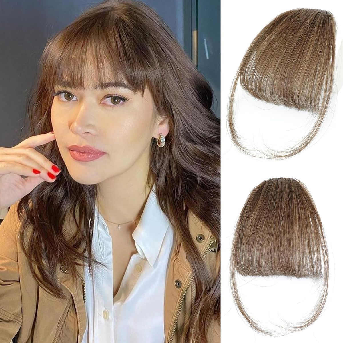 Clip-in-Pony-Extensions aus 100 % Echthaar in Mittelbraun mit Fransen und schönem Netz. Natürliche, flache, gepflegte Bügel für_voghion.com