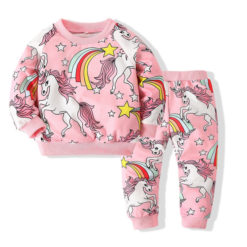 Girls' Unicorn Set Spring Children's Long-sleeved Comfortable Cartoon Sports Hoodie Two-piece Set_voghion.com