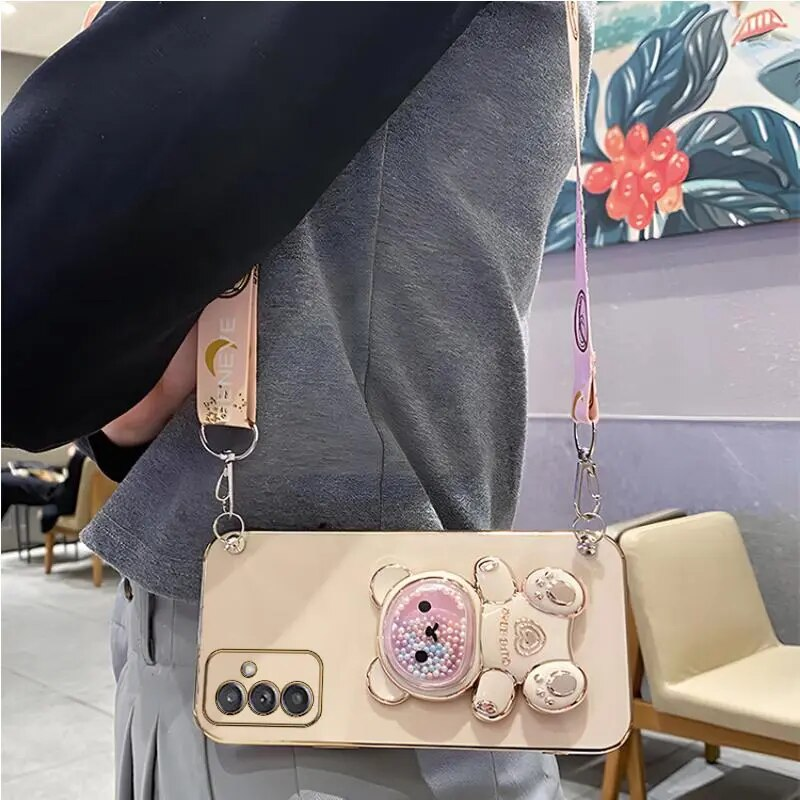 S 24plusQuicksand Bear Holder Lanyard Phone Case For Samsung Galaxy A25 A55 A15 A35 A04E 4G 5G S24 Ultra Strap Stand_voghion.com