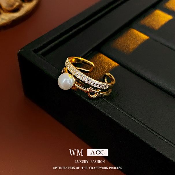 Real gold electroplated zircon letter pearl open ring exquisite light luxury index finger ring temperament high end jewelry_voghion.com