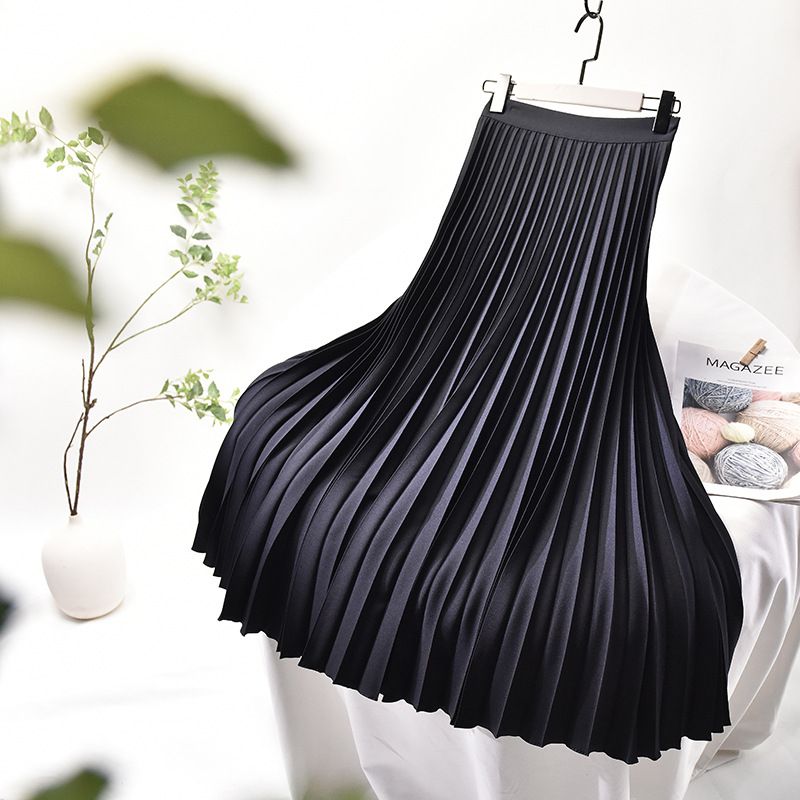 Women's Clothing Chic temperament slim plus size pleated skirt autumn and winter new high waist A line skirt women's medium and long_voghion.com